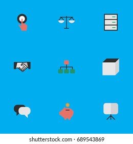 Vector Illustration Set Of Simple Business Icons. Elements Square, Easel, Justice And Other Synonyms Graph, Justice And Bank.
