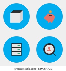 Vector Illustration Set Of Simple Business Icons. Elements Moneybox, Square, Magnifier And Other Synonyms Money, Square And Search.