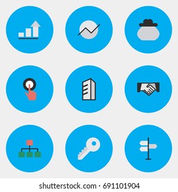 Vector Illustration Set Of Simple Business Icons. Elements Finger Touching, Agreement, Diagram And Other Synonyms Touching, Structure And Architecture.