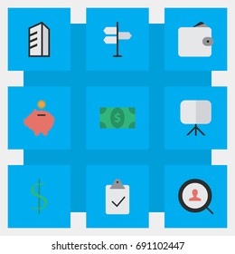 Vector Illustration Set Of Simple Business Icons. Elements Apartment, Magnifier, Direction And Other Synonyms Check, Signpost And Money.