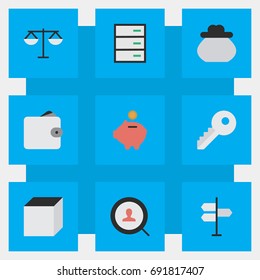 Vector Illustration Set Of Simple Business Icons. Elements Opening, Justice, Moneybox And Other Synonyms Money, Key And Lock.