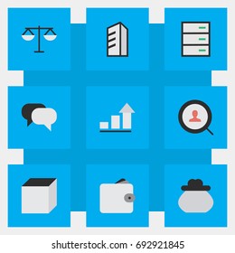 Vector Illustration Set Of Simple Business Icons. Elements Purse, Apartment, Square And Other Synonyms Locker, Conversation And Meeting.