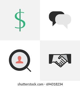 Vector Illustration Set Of Simple Business Icons. Elements Agreement, Dollar, Magnifier And Other Synonyms Greenback, Engine And Humans.