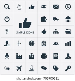 Vector Illustration Set Of Simple Business Icons. Elements Cursor, Work Seat, Cloud Storage And Other Synonyms User, Arrow And Bar.