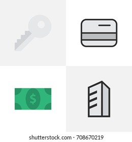 Vector Illustration Set Of Simple Business Icons. Elements Greenback, Pay, Apartment And Other Synonyms Open, Pay And Key.