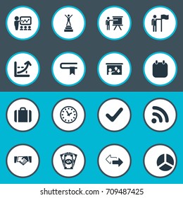 Vector Illustration Set Of Simple Business Icons. Elements Reverse Directions, Check Mark, Demonstration And Other Synonyms Correct, Briefcase And Time.