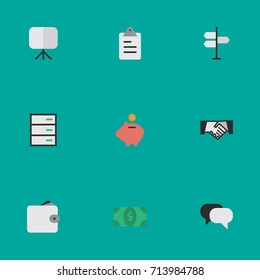 Vector Illustration Set Of Simple Business Icons. Elements Agreement, Talking, Easel And Other Synonyms Agreement, Handshake And Pouch.