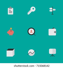 Vector Illustration Set Of Simple Business Icons. Elements Moneybox, Clipboard, Purse And Other Synonyms Board, Open And Diagram.