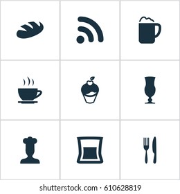 Vector Illustration Set Of Simple Cafe Icons. Elements Coffee Late, Gastronomy, Wireless Connection And Other Synonyms Alcohol, Beer And Muffin.