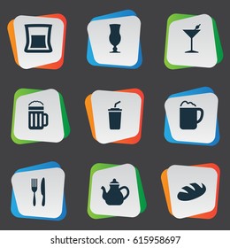 Vector Illustration Set Of Simple Cafe Icons. Elements Martini, Bread, Pub And Other Synonyms Kettle, Toast And Pub.