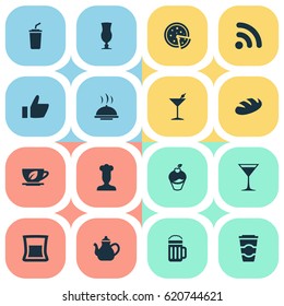 Vector Illustration Set Of Simple Cafe Icons. Elements Espresso, Food Tray, Wineglass And Other Synonyms Alcohol, Cocktail And Like.