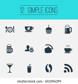 Vector Illustration Set Of Simple Cafe Icons. Elements Dishware, Coffee, Beerhouse And Other Synonyms Teapot, Cupcake And Leaf.