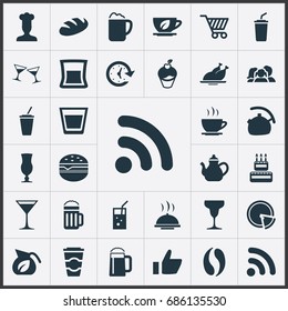 Vector Illustration Set Of Simple Cafe Icons. Elements Pepperoni, Glass, Beer And Other Synonyms Hand, Wineglasses And Serving.