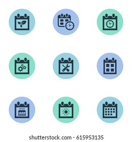 Vector Illustration Set Of Simple Calendar Icons. Elements Date Block, Almanac, Planner And Other Synonyms Almanac, Sun And Deadline.