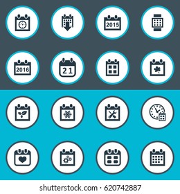 Vector Illustration Set Of Simple Calendar Icons. Elements 2016 Calendar, Date Block, Plant And Other Synonyms Hour, Snowflake And Calendar.