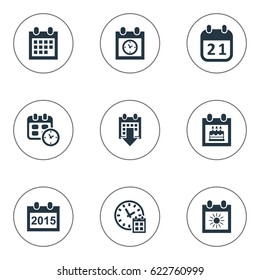 Vector Illustration Set Of Simple Calendar Icons. Elements Special Day, Date Block, History And Other Synonyms Birthday, Deadline And Time.