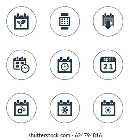 Vector Illustration Set Of Simple Calendar Icons. Elements Almanac, Intelligent Hour, Summer Calendar And Other Synonyms Gear, Summer And Almanac.