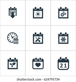 Vector Illustration Set Of Simple Calendar Icons. Elements Snowflake, Deadline, Agenda And Other Synonyms Calendar, Almanac And Sun.