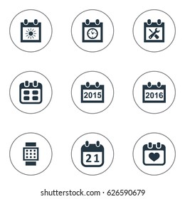 Vector Illustration Set Of Simple Calendar Icons. Elements Intelligent Hour, Annual, Agenda And Other Synonyms Date, History And Sun.