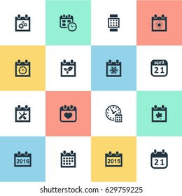 Vector Illustration Set Of Simple Calendar Icons. Elements 2016 Calendar, Summer Calendar, Date Block And Other Synonyms Autumn, Reminder And Gear.