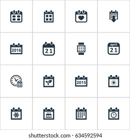 Vector Illustration Set Of Simple Calendar Icons. Elements 2016 Calendar, Remembrance, Deadline And Other Synonyms Calendar, Watch And Special.
