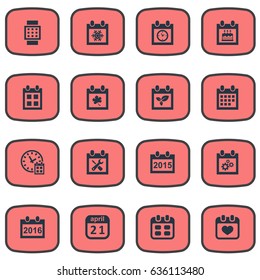 Vector Illustration Set Of Simple Calendar Icons. Elements Renovation Tools, Almanac, Deadline And Other Synonyms Block, Watch And Heart.