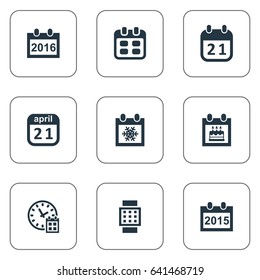 Vector Illustration Set Of Simple Calendar Icons. Elements Snowflake, Remembrance, 2016 Calendar And Other Synonyms Smart, Hour And Winter.