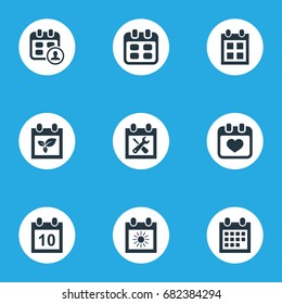 Vector Illustration Set Of Simple Calendar Icons. Elements Date Block, Heart, Renovation Tools And Other Synonyms Calendar, Plant And Reminder.