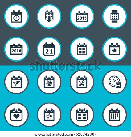 Vector Illustration Set Of Simple Calendar Icons. Elements 2016 Calendar, Date Block, Plant And Other Synonyms Hour, Snowflake And Calendar.