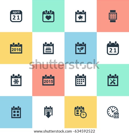 Vector Illustration Set Of Simple Calendar Icons. Elements 2016 Calendar, Heart, Date And Other Synonyms Reminder, Winter And Watch.