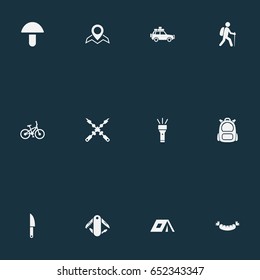 Vector Illustration Set Of Simple Camp Icons. Elements Swiss Army Knife, Barbecue, Car Tour And Other Synonyms Bicycle, Grilled And Frankfurter.