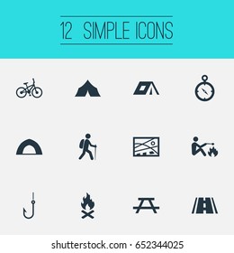 Vector Illustration Set Of Simple Camp Icons. Elements Fisherman Tackle, Bicycle, Path And Other Synonyms City, Table And Flame.