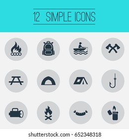 Vector Illustration Set Of Simple Camp Icons. Elements Lantern, Rucksack, Campfire And Other Synonyms Canvas, Grilled And Camping.