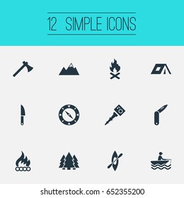 Vector Illustration Set Of Simple Camp Icons. Elements Ice Rock, Lumberjack, Bonfire And Other Synonyms Kayak, Alps And Scouting.