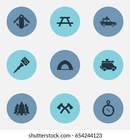 Vector Illustration Set Of Simple Camp Icons. Elements Selfie Stick, Tent;, Swiss Army Knife And Other Synonyms Woods, Measurement And Minivan.