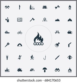 Vector Illustration Set Of Simple Camp Icons. Elements Fisherman Tackle, Bonfire, Fisherman And Other Synonyms Crossed, Kayak And Blade.