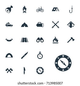 Vector Illustration Set Of Simple Camp Icons. Elements Lumberjack, Barbecue, Navigation And Other Synonyms Bayonet, Field And Weapon.