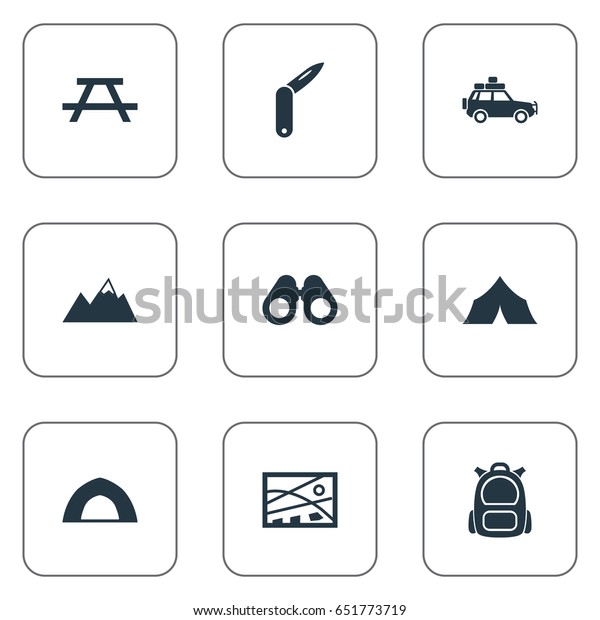 Vector Illustration Set Of Simple Camp Icons.
Elements Car Tour, Rucksack, Canvas And Other Synonyms Army,
Discovery And
Binoculars.