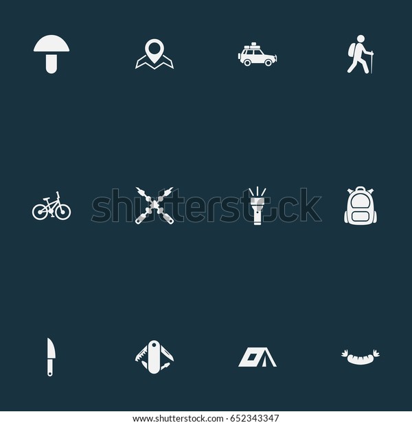 Vector Illustration Set Of Simple Camp\
Icons. Elements Swiss Army Knife, Barbecue, Car Tour And Other\
Synonyms Bicycle, Grilled And\
Frankfurter.