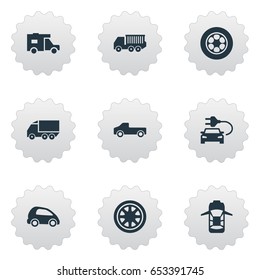Vector Illustration Set Of Simple Car Icons. Elements Haulage, Duplicates, Carriage And Other Synonyms Electric, Trucking And Toy.