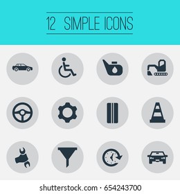 Vector Illustration Set Of Simple Car Icons. Elements Wrench, Filter, Cogwheel And Other Synonyms Automobile, Handicapped And Bulldozer.