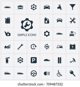 Conjunto De Iconos De Vehículos Simples. Bloqueo De Elementos, Taller, Reparación Y Otros Sinónimos Automático, Extinguisher Y Sedan.