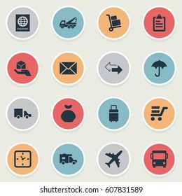 Vector Illustration Set Of Simple Carting Icons. Elements Opposite Directions, Pushcart, Passport And Other Synonyms Trade, Directions And Truck.