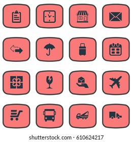 Vector Illustration Set Of Simple Carting Icons. Elements Gift, Trip Luggage, Envelope And Other Synonyms Travel, Directions And Luggage.