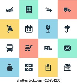 Vector Illustration Set Of Simple Carting Icons. Elements Holdall, Mall, Van And Other Synonyms Message, Sack And Trolley.