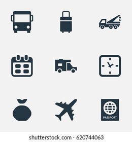 Vector Illustration Set Of Simple Carting Icons. Elements Trip Luggage, Minutes, Eviction Vehicle And Other Synonyms Eviction, Holdall And Agenda.