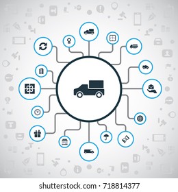 Vector Illustration Set Of Simple Carting Icons. Elements Automobile, Present, Watch And Other Synonyms Apartment, Restart And Skyscraper.