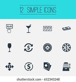 Vector Illustration Set Of Simple Casino Icons. Elements Slot Machine, Poker, Beverage And Other Synonyms Poker, Swap And Exchange.