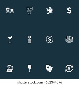 Vector Illustration Set Of Simple Casino Icons. Elements Poker, Bet, Click And Other Synonyms Sign, Dollar And Drink.