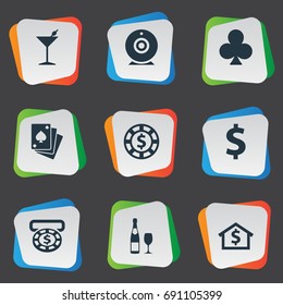Vector Illustration Set Of Simple Casino Icons. Elements Casino, House, Drink And Other Synonyms Sign, Whiskey And Cross.